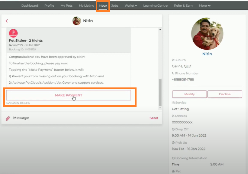 Make Payment, Pay Sitter, PetCloud, Secure Payment, Escrow