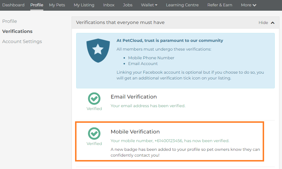 PetCloud Verifications Screen